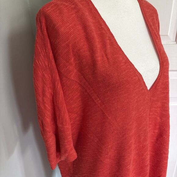 Eileen Fisher Lightweight V-Neck Sweater Orange Organic Cotton Size Medium - Picture 3 of 7